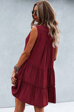 V Neck Solid Ruffle Sleeveless Dress: WINE