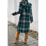 Button Hood Plaid Flannel Trench Coat (GREEN)