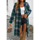 Button Hood Plaid Flannel Trench Coat (GREEN)