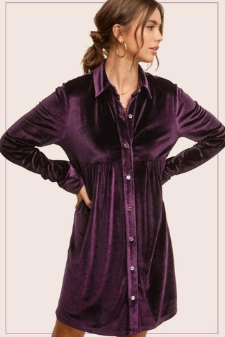 Button Front Soft Velvet Dress (Plum)