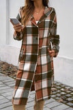 Button Hood Plaid Flannel Trench Coat (Brown)