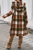 Button Hood Plaid Flannel Trench Coat (Brown)