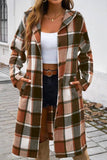 Button Hood Plaid Flannel Trench Coat (Brown)