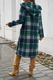 Button Hood Plaid Flannel Trench Coat (Green)