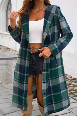 Button Hood Plaid Flannel Trench Coat (Green)