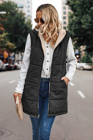 Faux Fur Long Puffer Vest with Pockets (Black)