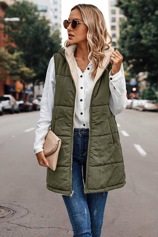 Faux Fur Long Puffer Vest with Pockets (Olive)