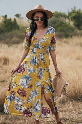 Floral Print Short Sleeve Dress (Yellow)