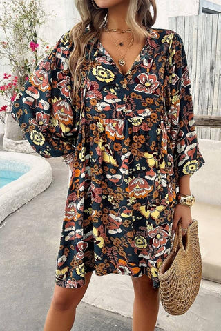 Floral Print V-Neck Loose Fit Ruffle Dress