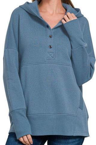 Half Button Fleece Hooded Pullover (Dusty Blue)