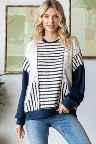 Multi Fabric Striped Top (Navy)