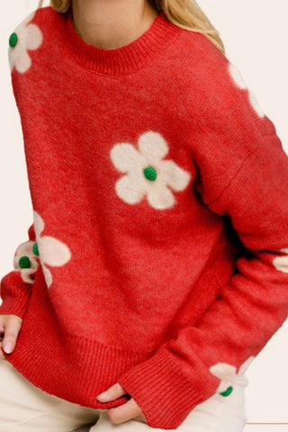 Soft Floral Pattern Mock Neck Sweater (Red)