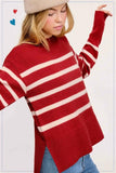 Soft Mock Neck Striped Sweater (Red)