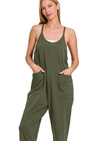 Spaghetti Strap Pocket Jumpsuit (Olive)