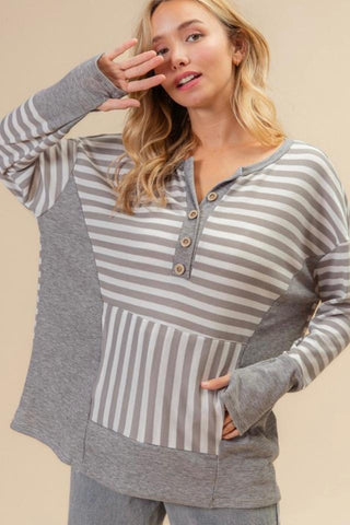 Thermal Stripe Button Henley Top (Grey)