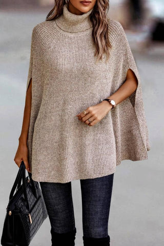 Turtleneck Knit Solid Poncho (Beige)