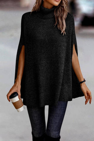 Turtleneck Knit Solid Poncho (Black)