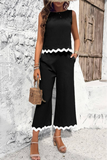 Two Piece Wavy Hem Top & Pant Set (Black)