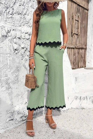 Two Piece Wavy Hem Top & Pant Set (Green)