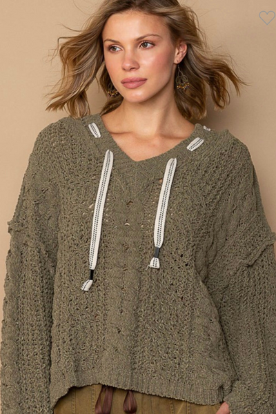 V-Neck Hooded Cable Knit Chenille Sweater (Sage Green)